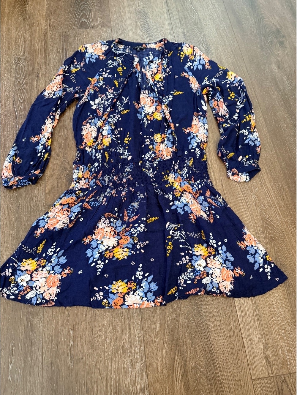 Lucky Brand Navy Floral Drop Waist Dress Medium Smocked Boho Long Sleeve
